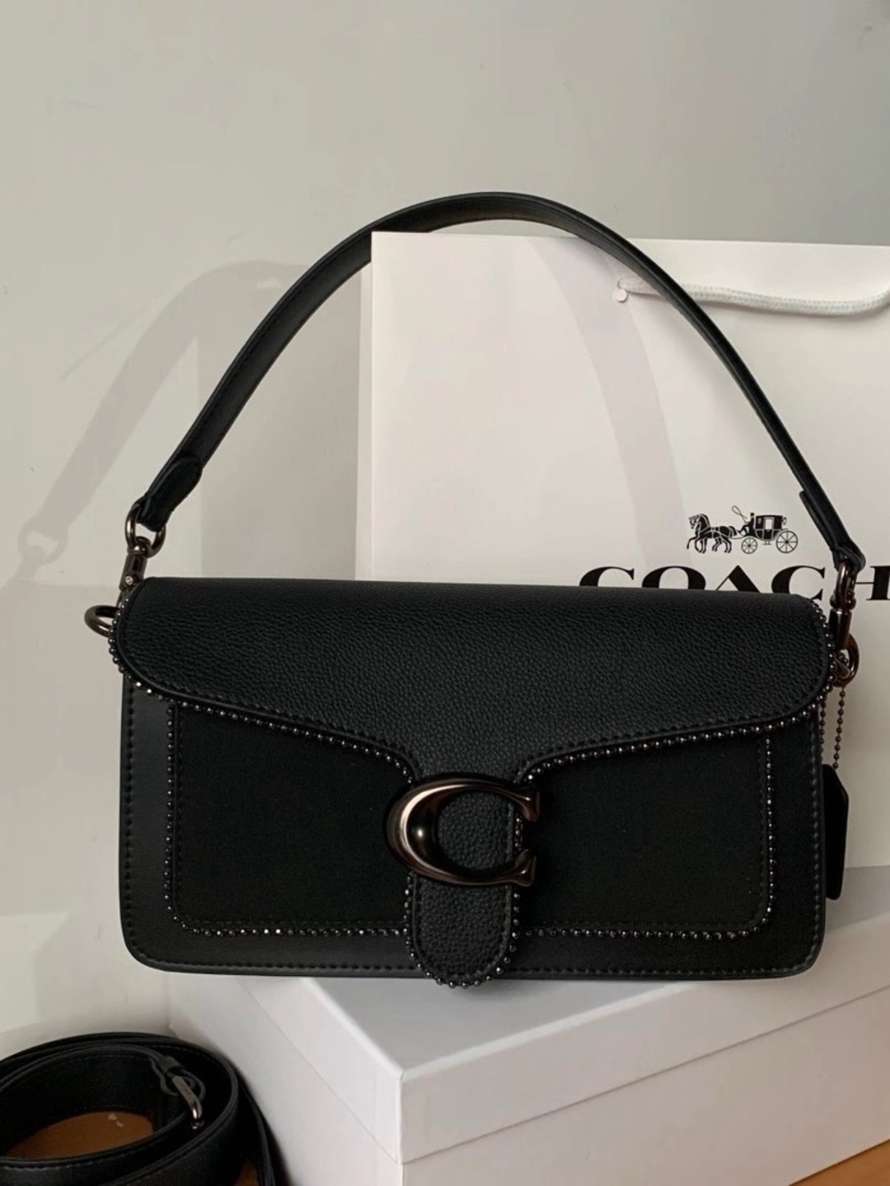 Coach Black Leather Shoulder Bag with Signature 'C' Buckle